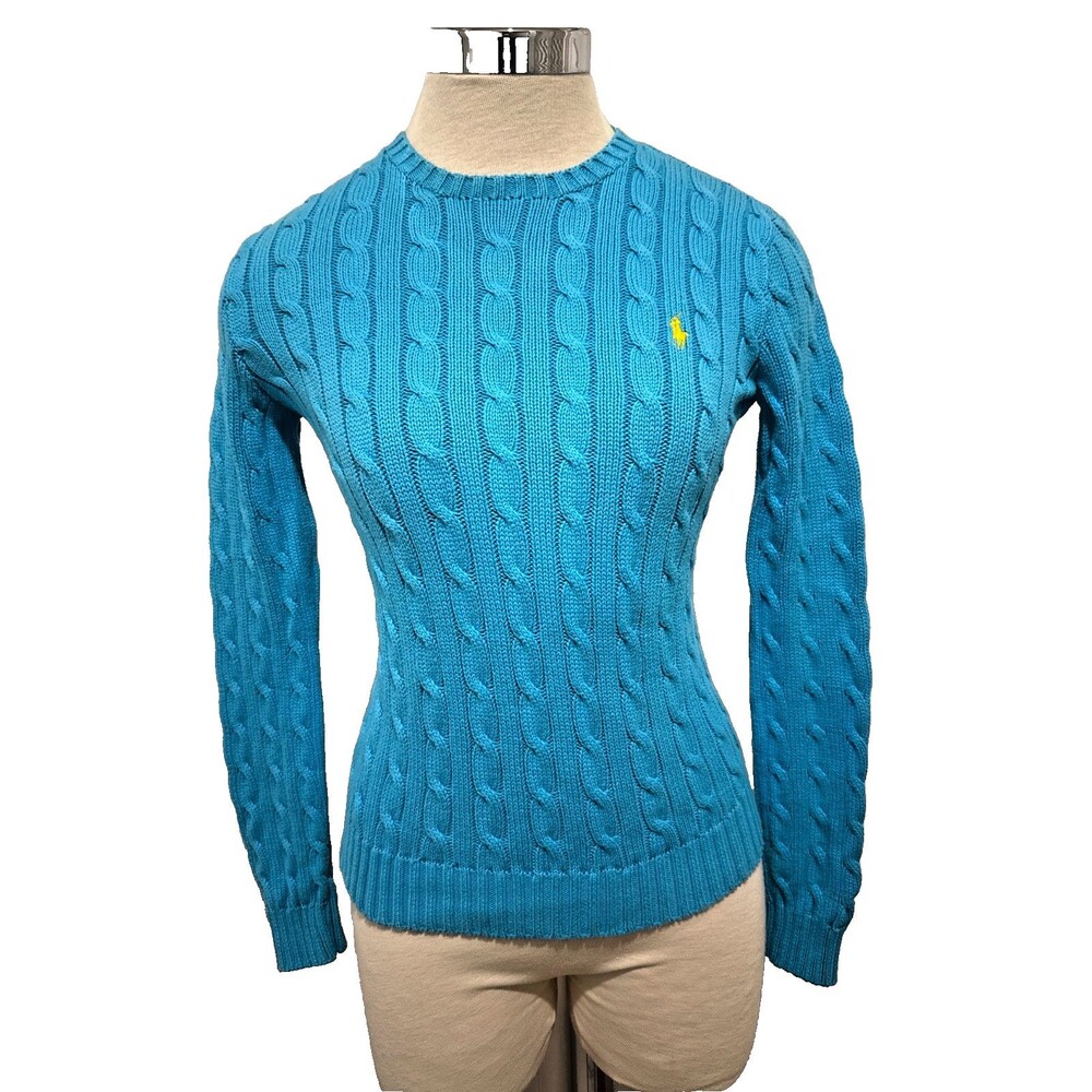 RALPH LAUREN Womens S Blue 100% Cotton Cable Knit Sweater Quiet Luxury Old Money